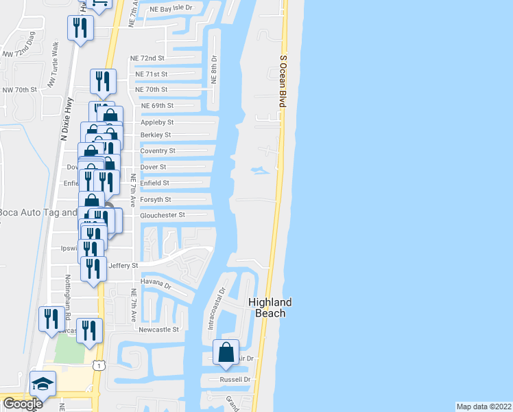 map of restaurants, bars, coffee shops, grocery stores, and more near 4018 South Ocean Boulevard in Highland Beach