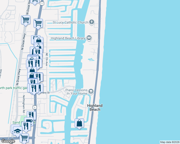 map of restaurants, bars, coffee shops, grocery stores, and more near 4018 South Ocean Boulevard in Highland Beach