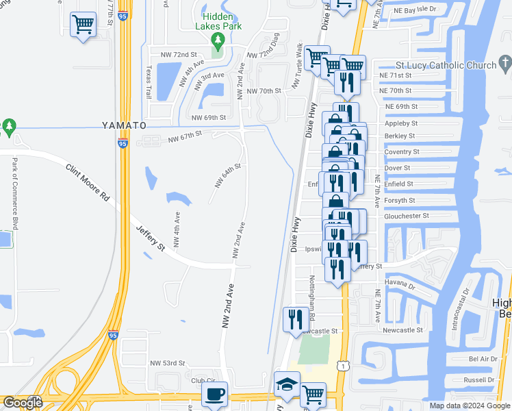 map of restaurants, bars, coffee shops, grocery stores, and more near 6300 Northwest 2nd Avenue in Boca Raton