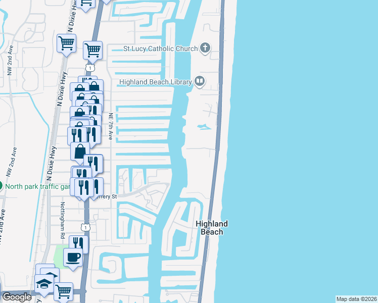 map of restaurants, bars, coffee shops, grocery stores, and more near 3822 South Ocean Boulevard in Highland Beach