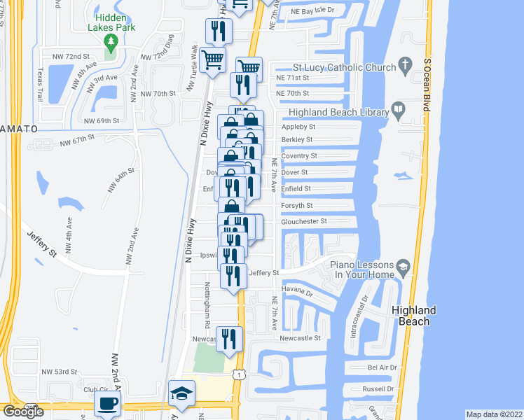 map of restaurants, bars, coffee shops, grocery stores, and more near 660 Forsyth Street in Boca Raton
