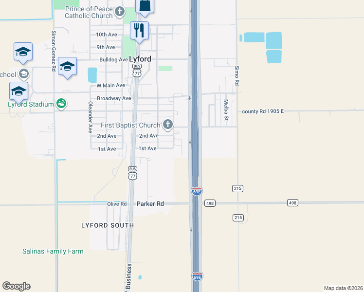 map of restaurants, bars, coffee shops, grocery stores, and more near Thompson Lane in Lyford