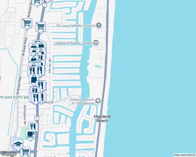 map of restaurants, bars, coffee shops, grocery stores, and more near 3822 South Ocean Boulevard in Highland Beach