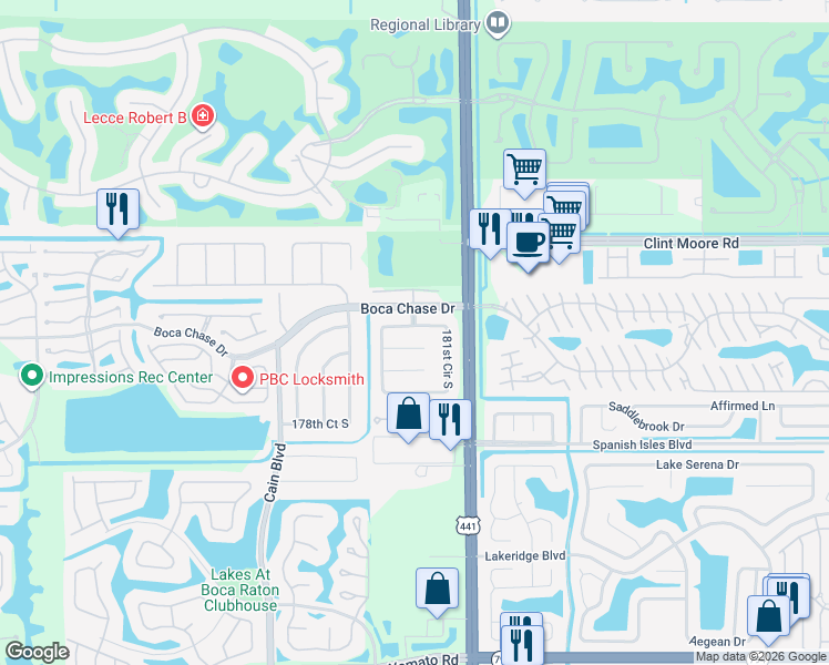 map of restaurants, bars, coffee shops, grocery stores, and more near 18356 181st Circle South in Boca Raton