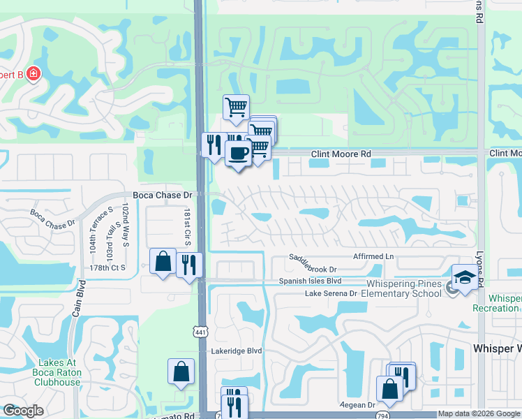map of restaurants, bars, coffee shops, grocery stores, and more near 98160 Boca Gardens Circle North in Boca Raton