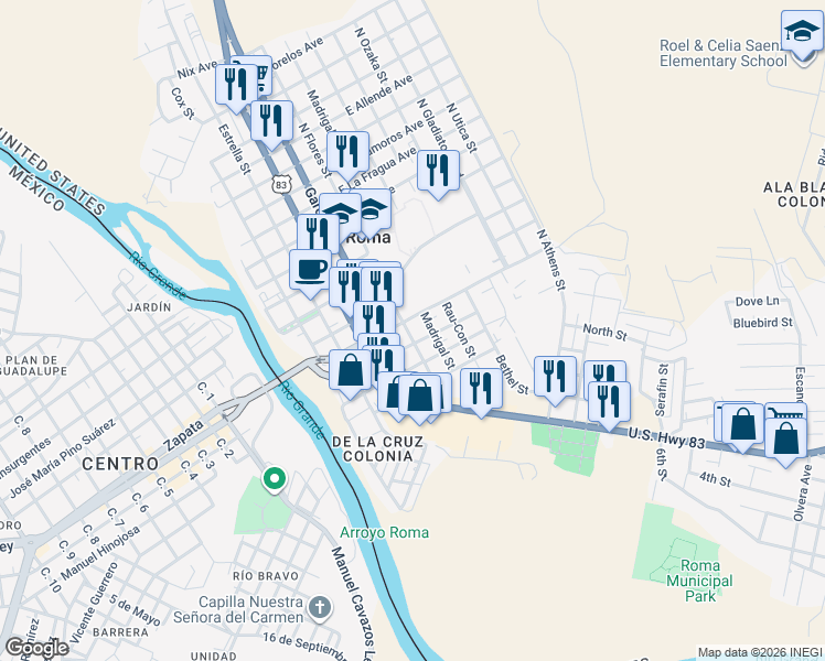 map of restaurants, bars, coffee shops, grocery stores, and more near 410 Rev. Richard T. Peel Street in Roma