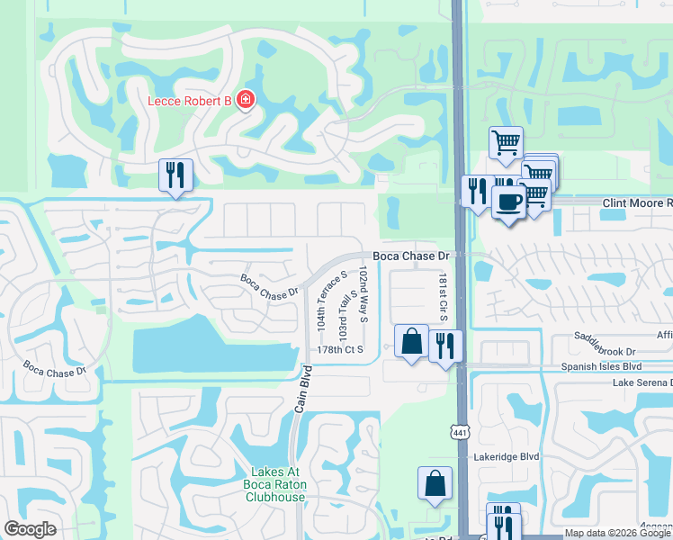 map of restaurants, bars, coffee shops, grocery stores, and more near 18223 104th Terrace South in Boca Raton