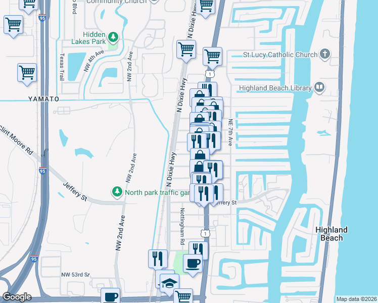 map of restaurants, bars, coffee shops, grocery stores, and more near 361 Forsyth Street in Boca Raton
