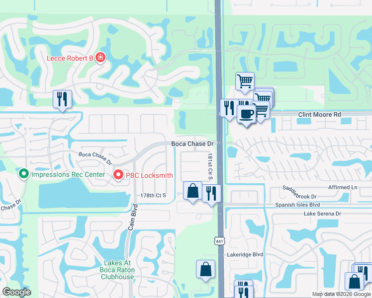 map of restaurants, bars, coffee shops, grocery stores, and more near 18356 181st Circle South in Boca Raton