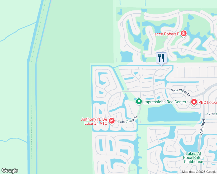 map of restaurants, bars, coffee shops, grocery stores, and more near 18253 Blue Lake Way in Boca Raton