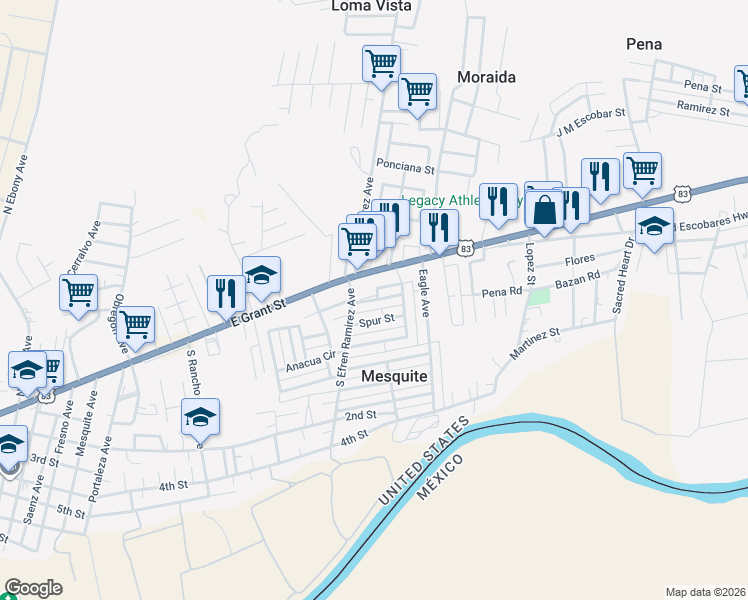 map of restaurants, bars, coffee shops, grocery stores, and more near 2762 Mustang Street in Roma