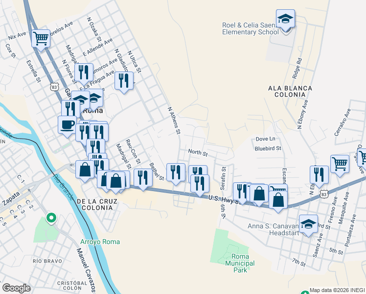 map of restaurants, bars, coffee shops, grocery stores, and more near 201 North Street in Roma