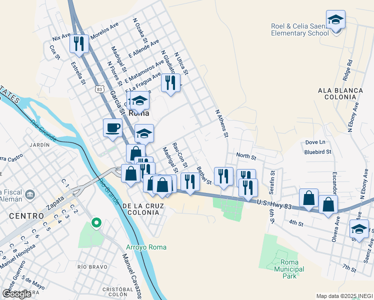 map of restaurants, bars, coffee shops, grocery stores, and more near 402 Franklin Avenue in Roma
