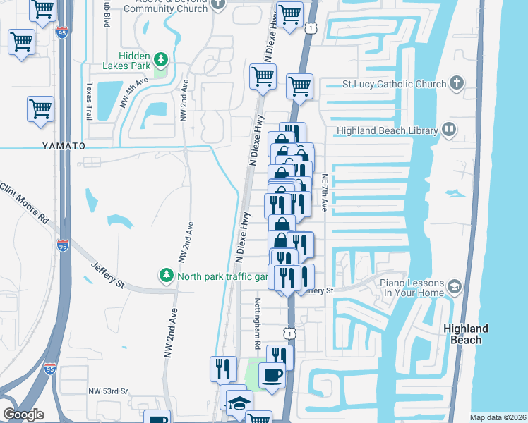 map of restaurants, bars, coffee shops, grocery stores, and more near 361 Forsyth Street in Boca Raton
