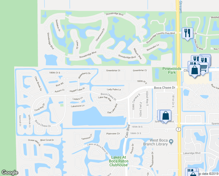 map of restaurants, bars, coffee shops, grocery stores, and more near 10703 Ladypalm Lane in Boca Raton