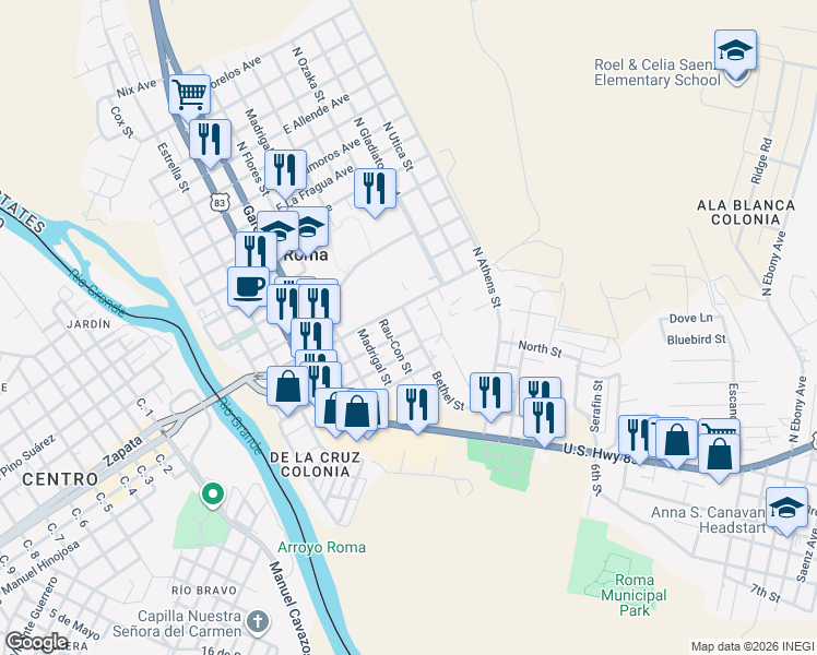 map of restaurants, bars, coffee shops, grocery stores, and more near 402 Madrigal Street in Roma