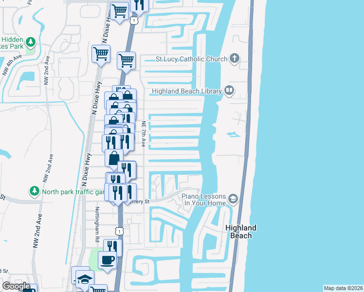 map of restaurants, bars, coffee shops, grocery stores, and more near 807 Forsyth Street in Boca Raton