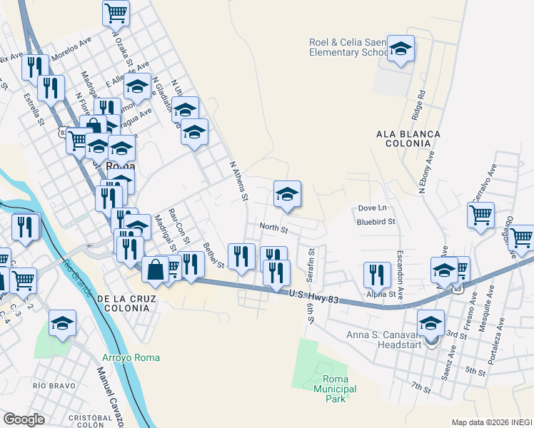 map of restaurants, bars, coffee shops, grocery stores, and more near 201 North Street in Roma