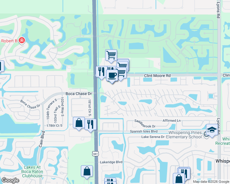 map of restaurants, bars, coffee shops, grocery stores, and more near 98160 Boca Gardens Circle North in Boca Raton