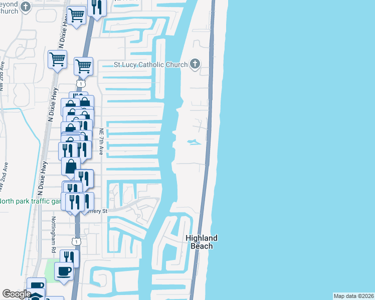 map of restaurants, bars, coffee shops, grocery stores, and more near 3822 South Ocean Boulevard in Highland Beach