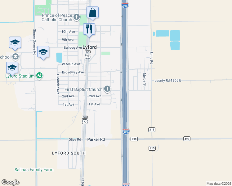 map of restaurants, bars, coffee shops, grocery stores, and more near Thompson Lane in Lyford