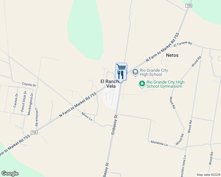 map of restaurants, bars, coffee shops, grocery stores, and more near 90 Sanchez Drive in Rio Grande City