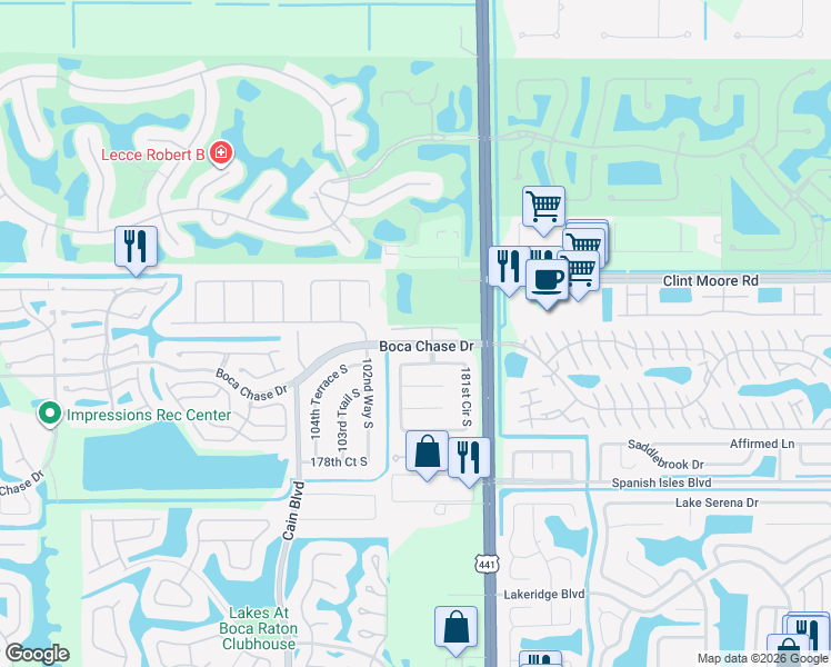 map of restaurants, bars, coffee shops, grocery stores, and more near 18356 181st Circle South in Boca Raton