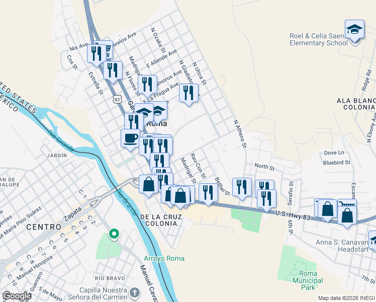 map of restaurants, bars, coffee shops, grocery stores, and more near 304 Bravo Boulevard in Roma