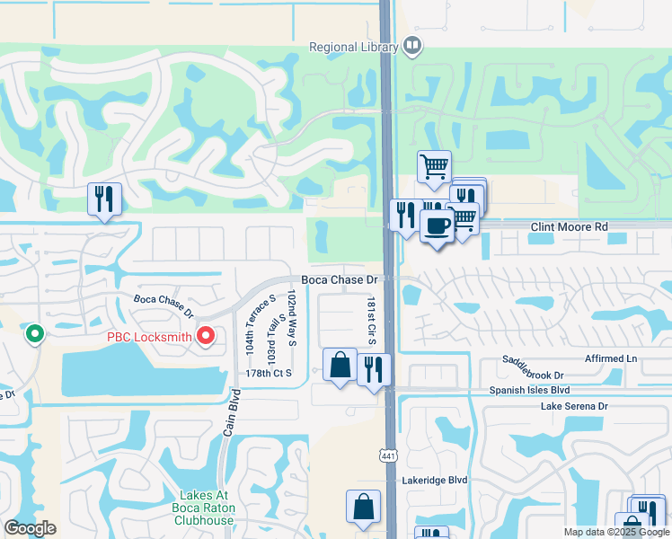 map of restaurants, bars, coffee shops, grocery stores, and more near 10102 Boca Palm Drive in Boca Raton