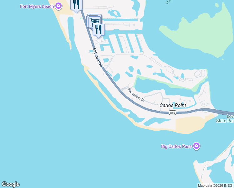 map of restaurants, bars, coffee shops, grocery stores, and more near 7810 Estero Boulevard in Fort Myers Beach
