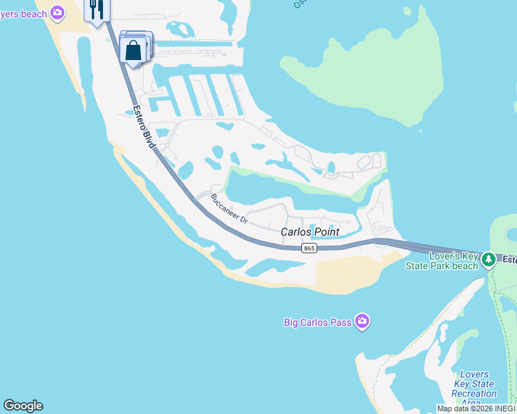 map of restaurants, bars, coffee shops, grocery stores, and more near 7881 Buccaneer Drive in Fort Myers Beach