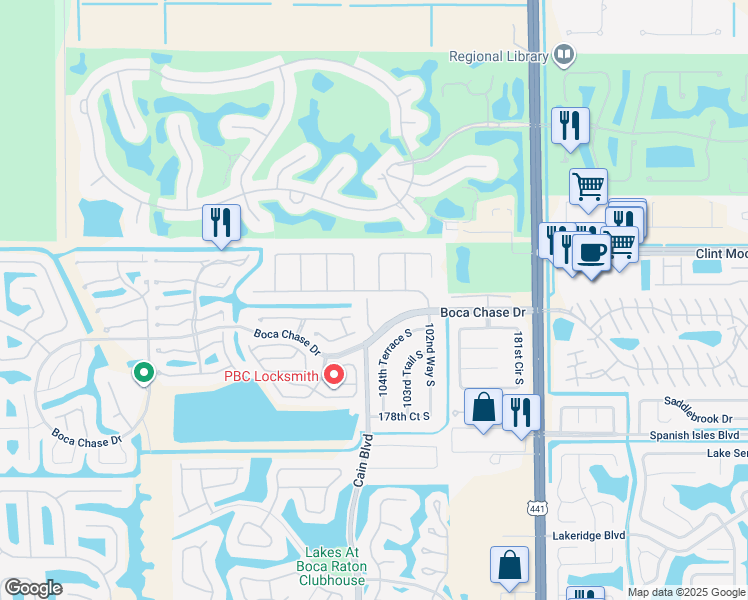 map of restaurants, bars, coffee shops, grocery stores, and more near 18152 Boca Way Drive in Boca Raton