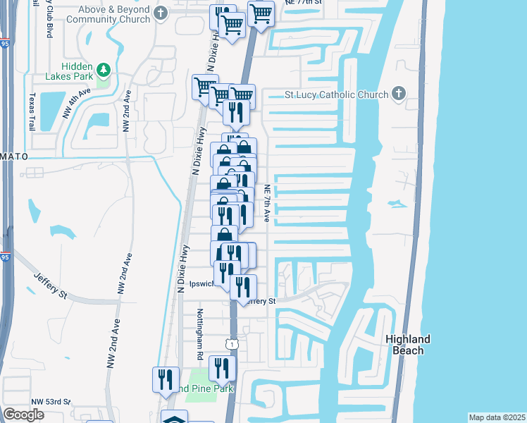 map of restaurants, bars, coffee shops, grocery stores, and more near 6501 Northeast 7th Avenue in Boca Raton