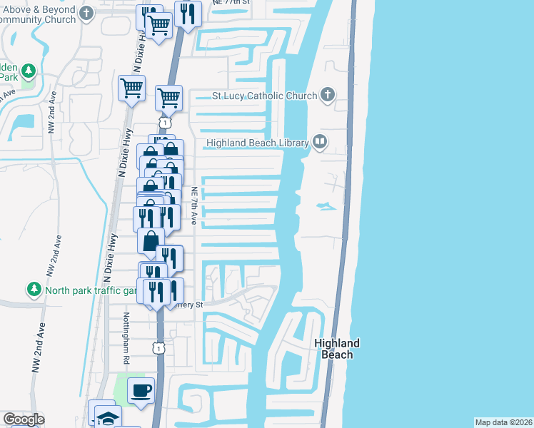 map of restaurants, bars, coffee shops, grocery stores, and more near 855 Dover Street in Boca Raton