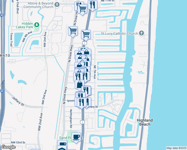 map of restaurants, bars, coffee shops, grocery stores, and more near 6501 Northeast 7th Avenue in Boca Raton