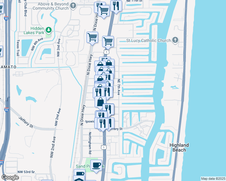 map of restaurants, bars, coffee shops, grocery stores, and more near 6501 Northeast 7th Avenue in Boca Raton