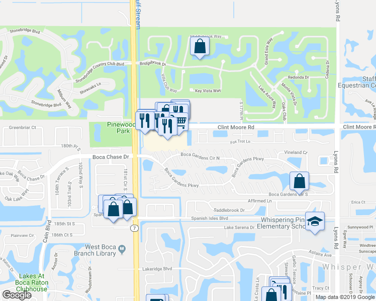 map of restaurants, bars, coffee shops, grocery stores, and more near 18057 Rhumba Way in Boca Raton