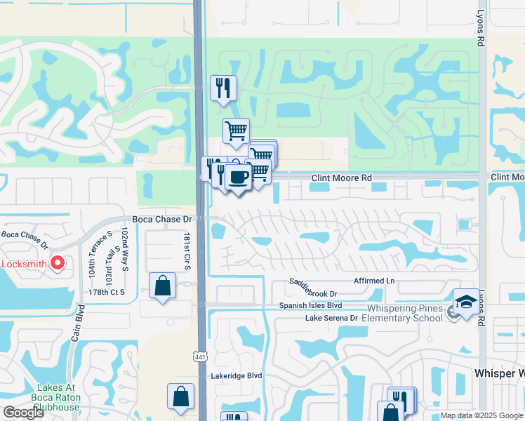 map of restaurants, bars, coffee shops, grocery stores, and more near 9720 Clint Moore Road in Boca Raton