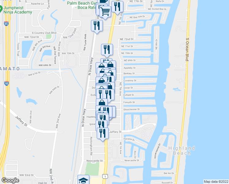 map of restaurants, bars, coffee shops, grocery stores, and more near 6501 Northeast 7th Avenue in Boca Raton