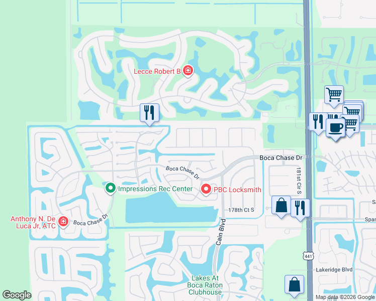 map of restaurants, bars, coffee shops, grocery stores, and more near 18102 Park Terrace in Boca Raton