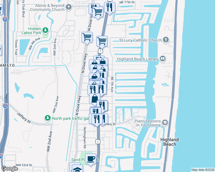 map of restaurants, bars, coffee shops, grocery stores, and more near 6501 Northeast 7th Avenue in Boca Raton