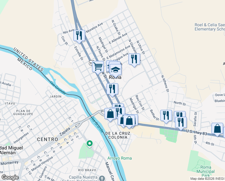 map of restaurants, bars, coffee shops, grocery stores, and more near 705 Garcia Street in Roma