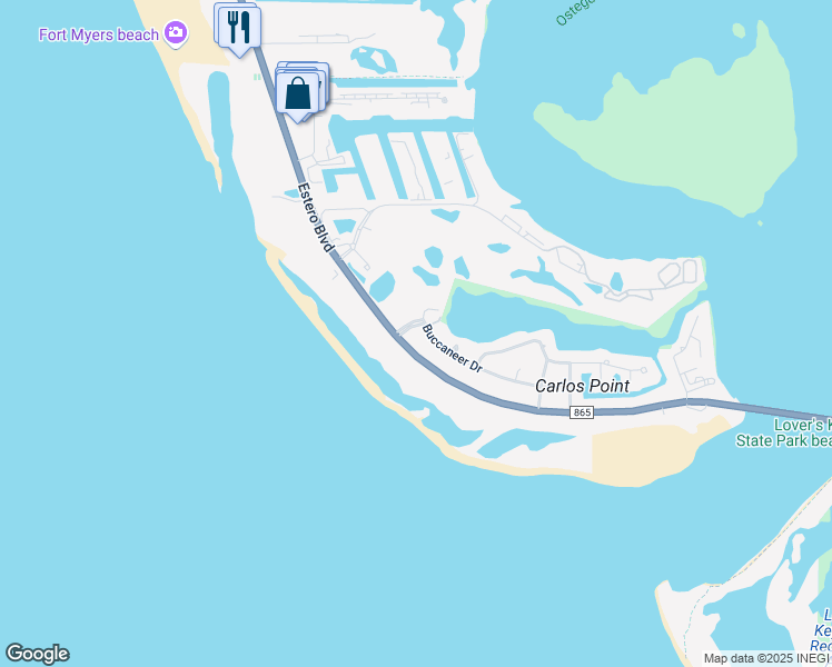 map of restaurants, bars, coffee shops, grocery stores, and more near 7820 Buccaneer Drive in Fort Myers Beach
