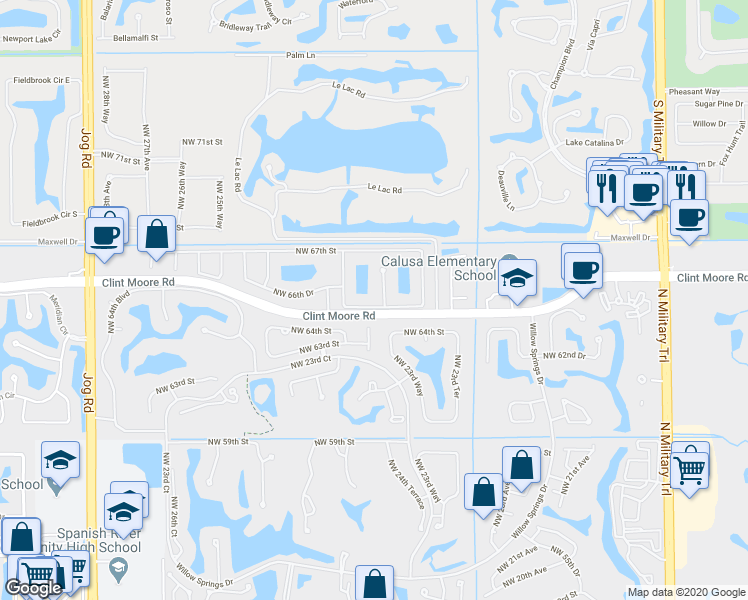 map of restaurants, bars, coffee shops, grocery stores, and more near 2421 Northwest 66th Drive in Boca Raton