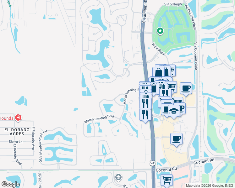 map of restaurants, bars, coffee shops, grocery stores, and more near 22848 Forest Ridge Drive in Estero
