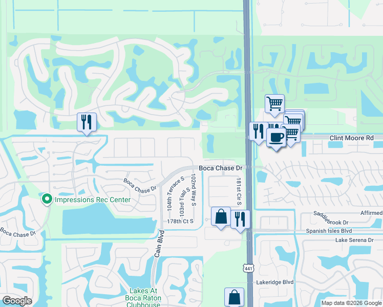 map of restaurants, bars, coffee shops, grocery stores, and more near 18108 102nd Way South in Boca Raton
