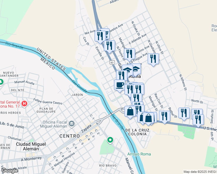 map of restaurants, bars, coffee shops, grocery stores, and more near 901 Portscheller Street in Roma