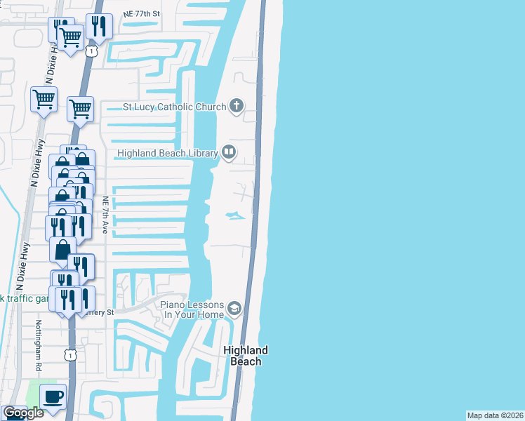 map of restaurants, bars, coffee shops, grocery stores, and more near 3805 South Ocean Boulevard in Highland Beach