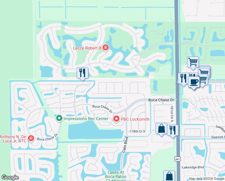 map of restaurants, bars, coffee shops, grocery stores, and more near 10525 180th Place South in Boca Raton