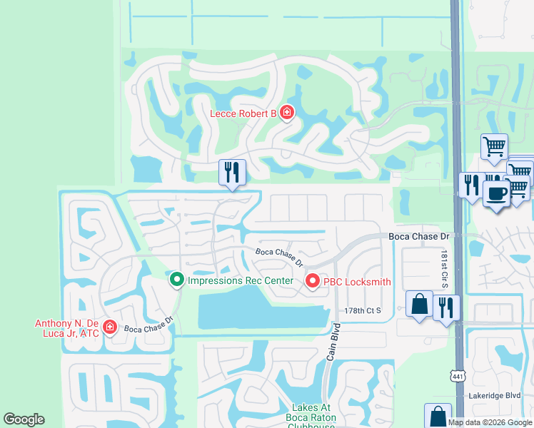 map of restaurants, bars, coffee shops, grocery stores, and more near 18101 107th Avenue South in Boca Raton